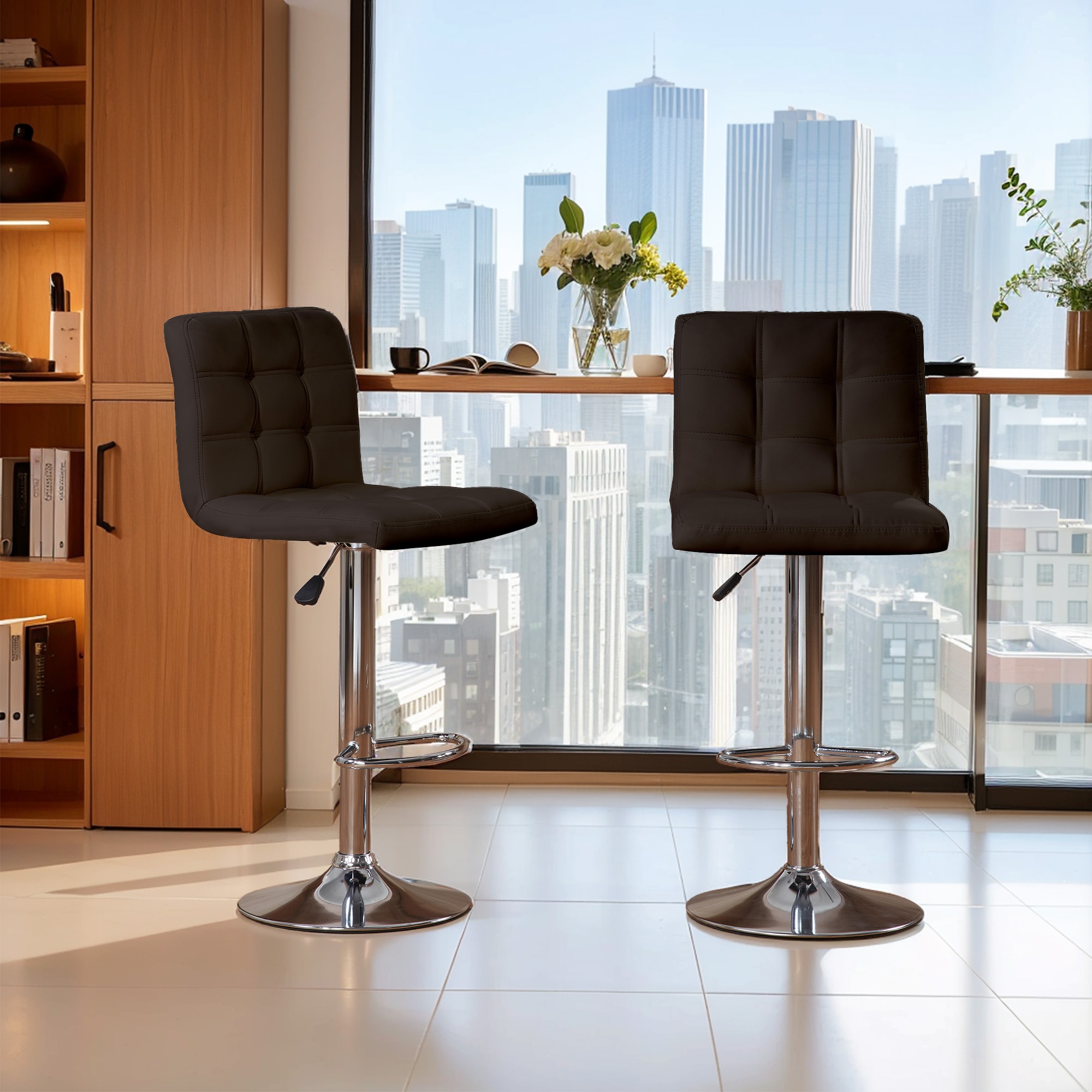 Bar Stools 1 Set Of 2, Counter Height Bar Stools, Square Cushion Bar Stools With Back, Footstool, Cafe, Brown, 2 Pieces_voghion.com